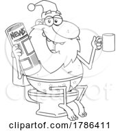 Cartoon Black And White Christmas Santa Claus Reading The News And Drinking Coffee On The Toilet