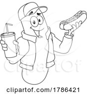 Cartoon Black And White Hot Dog Mascot With A Soda