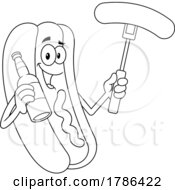 Cartoon Black And White Hot Dog Mascot With A Beer