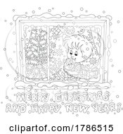 Poster, Art Print Of Boy And Cat In A Window Over A Merry Christmas And Happy New Year Greeting