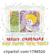 Poster, Art Print Of Boy And Cat In A Window Over A Merry Christmas And Happy New Year Greeting
