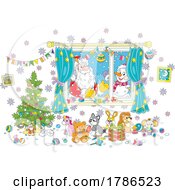 Poster, Art Print Of Santa And A Snowman Looking Through A Window At A Christmas Scene