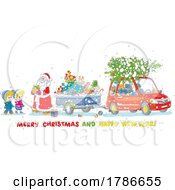 Poster, Art Print Of Santa Giving Gifts To Children And A Merry Christmas And Happy New Year Greeting