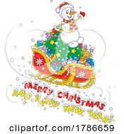 Poster, Art Print Of Sledding Snowman And A Merry Christmas And Happy New Year Greeting