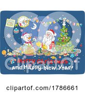 Poster, Art Print Of Snowman And Santa With A Merry Christmas And Happy New Year Greeting