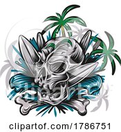 Poster, Art Print Of Skull And Bone Over Waves Surfboards And Palm Trees