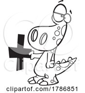 Cartoon Black And White Dinosaur Holding An Addition Plus Symbol