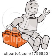 Poster, Art Print Of Cartoon Robot Sitting On An Interlocking Plastic Brick