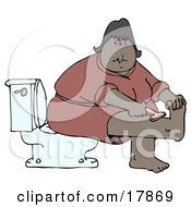 Clipart Illustration Of A Middle Aged African American Woman In A Pink Robe Sitting On A Toilet In A Bathroom And Shaving Her Leg