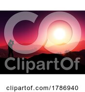 Poster, Art Print Of 3d Mountain Range Against A Sunset Sky With Silhouette Of A Couple Kissing