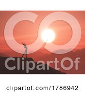 3D Sunset Landscape With A Female Stood On A Mountain With Arms Raised
