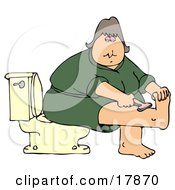 Poster, Art Print Of Middle Aged Caucasian Woman In A Green Robe Sitting On A Toilet In A Bathroom And Shaving Her Leg