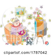 Cartoon Senior Woman And Cat Watching TV by Alex Bannykh