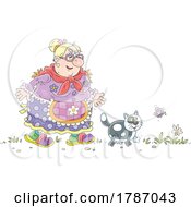 Cartoon Senior Woman Outdoors With Her Cat