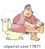 Clipart Illustration Of A Middle Aged Caucasian Woman In A Pink Robe Sitting On A Toilet In A Bathroom And Shaving Her Hairy Leg