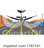 Poster, Art Print Of Commercial Jet Plane Airliner Landing Wheels Down Rear With Cityscape Train And Lighthouse View Isolated Retro
