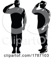 Poster, Art Print Of American Soldier Military Serviceman Personnel Silhouette Saluting Silhouette Isolated Retro