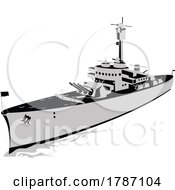 World War Two Torpedo Boat Destroyer Battleship At Sea Aerial View Isolated Retro Style