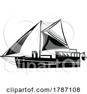 Poster, Art Print Of Vintage Fishing Trawler Schooner Or Blue Water Motor Sailer Wooden Yacht Side Retro Woodcut Style