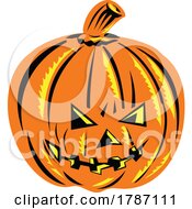 Poster, Art Print Of Halloween Jack-O-Lantern Or Carved Pumpkin Woodcut Retro