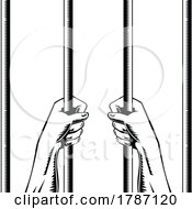 Poster, Art Print Of Prisoner Hands Holding Gripping Prison Bars Front Retro Woodcut Style