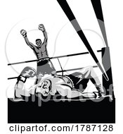 Poster, Art Print Of Boxer Celebrating Knockout With Prizefighter On The Canvas Retro Woodcut Style