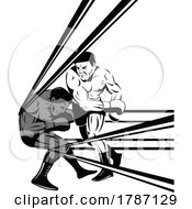 Poster, Art Print Of Boxer On The Ropes With Prizefighter Connecting Knockout Punch Retro Woodcut Style