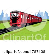 Poster, Art Print Of Diesel Passenger Train On Railroad Track With Cityscape Isolated Retro Style