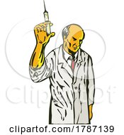 Medical Doctor Nurse Or Scientist Holding Up A Syringe With Vaccine Isolated Retro Comics Style