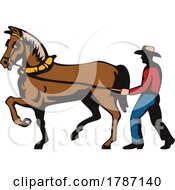 Farmer And Work Horse Side View Isolated Retro Style