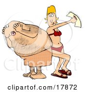 Clipart Illustration Of A Middle Aged Hairy Caucasian Man In Shorts Screaming In Pain As A Blond Woman Peels Off A Wax Strip From His Back