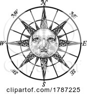 Poster, Art Print Of Compass Sun Face Etching Rose Woodcut Drawing