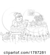Black And White Cartoon Lady And Cat Having Tea And Donuts