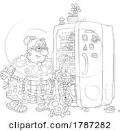 Black And White Cartoon Lady And Cat Looking In A Fridge