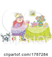 Cartoon Lady And Cat Having Tea And Donuts