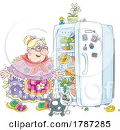Poster, Art Print Of Cartoon Lady And Cat Looking In A Fridge