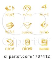 Golden Glossy Number 9 Icons On A White Background