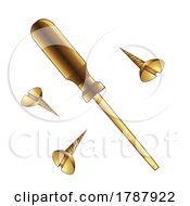 Poster, Art Print Of Golden Screwdriver And Screws On A White Background