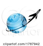 01/28/2023 - Airplane Flying Around A Blue Glossy Globe