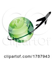 Poster, Art Print Of Airplane Flying Around A Green Glossy Globe