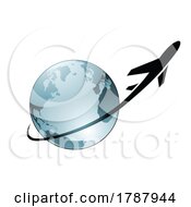 Poster, Art Print Of Airplane Flying Around A Grey Glossy Globe