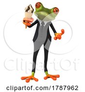 3d Green Business Frog Holding A Waffle Ice Cream Cone On A White Background