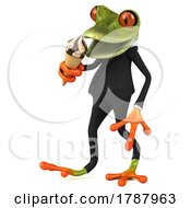 3d Green Business Frog Holding A Waffle Ice Cream Cone On A White Background