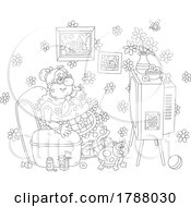 Poster, Art Print Of Black And White Cartoon Senior Lady And Cat Watching Tv