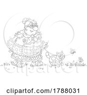 Black And White Cartoon Senior Lady And Cat Outside