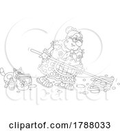 Black And White Cartoon Senior Lady And Cat Mopping