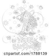 Cartoon Black And White Witch With Flowers Over A Happy Birthday Greeting