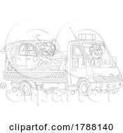 Cartoon Black And White Tow Truck Driver Taking Away A Wrecked Car