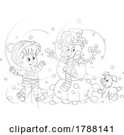 Poster, Art Print Of Cartoon Black And White Boy And Puppy Making A Snowman