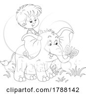 Poster, Art Print Of Cartoon Black And White Boy Riding On A Cute Elephant